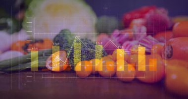 Veri örtüsü zayıflıyor, güvertede canlanıyor, çubuklar ve çizgiler titreşiyor, gıda verileri için etiketler güncelleniyor. Brokoli, domates, biber, lahana, kesme tahtası, mutfak, makro