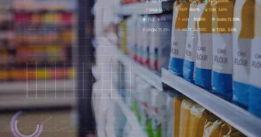 Soldaki HUD kaplamaları etkinleştiriyor, ızgaraları, çizgi grafiklerini, etiketleri, raf stoklarını görselleştiriyor. Perakende, süpermarket, koridor, envanter, analitik, gösterge paneli, veri