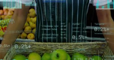 Sepet tezgâhtarından kamera geliyor. Meyveleri tanıtırken gülümsüyor. HUD de katibin masraflarını gösteriyor. Elma, satıcı, önlük, çizgili, beyaz, üretim, ekran