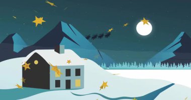 Sol üstten süzülen altın yıldızlar, geçen kızak ayı, parlayan ev, neşeli bir hava yaratıyor. İkili, karlı, kış, gece, dağlar, ay, kızak