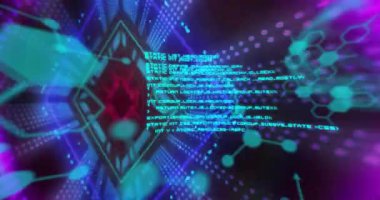 Kırmızı elmas titreşimi, sinirsel verileri göstermek için kod kaydırırken, cyan ağ beyninin ortaya çıkması ve süzülmesi. Holografik, tünel, siber uzay, neon, nöron, görselleştirme, geometri