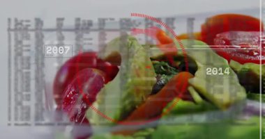 Hazırlanmış salata solmuş veri tabakası, kırmızı HUD titreşimler, zaman çizelgesini göstermek için yön değiştiren yıl işaretleri. Avokado, domates, yeşiller, havuç, kap, kaplama, stüdyo
