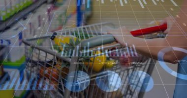 Alışverişci el tutacağı market koridorundan alışverişe doğru itiyor, çizelgeler el arabasının üzerinde kayıyor. Süpermarket, üretim, ananas, limon, raf, ekran, kaplama