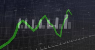 Koyu finansal gösterge paneli, gri çizgiler ve etiketler boyunca yükselen yeşil 3D çizelgeyi gösteriyor. Büyüme, dalgalanma, piyasa, analitik, metrik, görselleştirme, perspektif