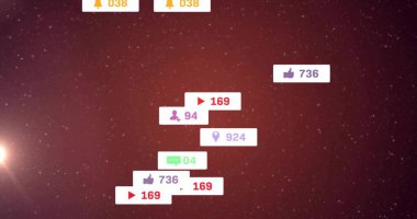 Red Starfield üzerinde sayaçları olan simgeleri gösteren yüzen sosyal medya bildirim rozetleri. Uzay, nebula, galaksi, kozmik, geleceksel, dijital, simgeler