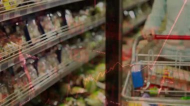 Kadın alışveriş arabalarını itiyor ve listeyi kontrol ediyor. Kırmızı finansman takip masraflarına neden oluyor. Süpermarket, market, koridor, alışverişçi, tablet, oklar, grafikler