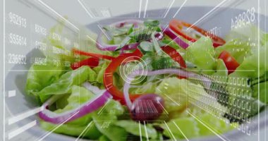 Artırılmış gerçeklik ekranı, beyaz kasenin üzerinde belirdi ve salata besinlerini analiz etti. Yeşiller, sebzeler, kaplama, veri, matris, ızgara, analitik