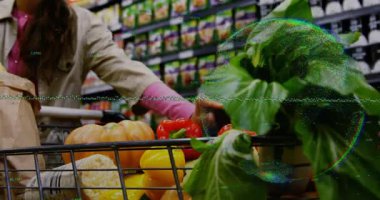 Kadın alışveriş arabası market koridorunda itiyor, el arabasına uzanıyor, biberleri ayarlıyor, ürün ekliyor. Üretim, sebze, yeşillik, balkabağı, pazar, raflar, eller