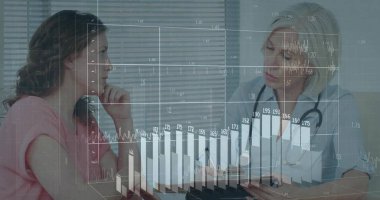 Klinikte palto çizelgesinde doktor, pembe tişörtlü hasta, stetoskop, veri örtüsü. Danışma, klinisyen, istemci, tıbbi, grafikler, dosya, analiz