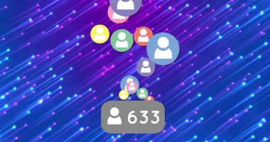 Gri takipçi rozeti UI 'nin aşağı merkezinde 633' ü gösteriyor, avatarlar neon çizgilerin arasında yukarı doğru ilerliyorlar. Floresan, hareket, parıltı, dijital, soyut, siluet, simgeler