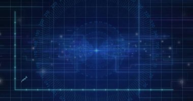 Sanal arayüz içinde parlayan merkezi veri merkezi açıölçer ve turkuaz düğümlerle gösteriliyor. Fütürist, hud, neon, ızgara, devreler, kalibrasyon, gösterge paneli