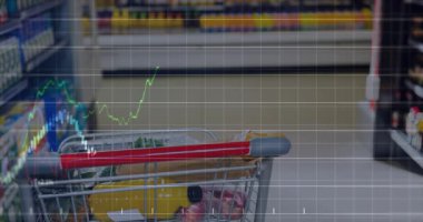 Şebeke zayıflıyor, renkli çizelgeler alışveriş arabasının üzerinde canlanıyor ve fiyat eğilimlerini not alıyor. Sepet, market, market, koridor, kapak, ekran, şamdan