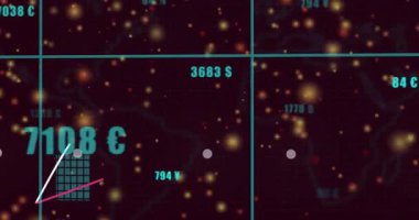 Para birimi numaraları ortaya çıkıyor, mavi-turuncu çubukların grafiği yükseliyor ve eğilim çizgileri büyümeyi gösteriyor. Gösterge paneli, veri, görselleştirme, parlaklık, ızgara, sütunlar, eğriler