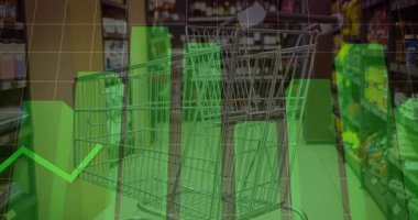 Yeşil kaplama başlıyor, çubuklar büyüyor ve çizgiler metal arabaların üzerine çiziyor, satış eğilimlerini gösteriyor. Süpermarket, market, perakende, veri, görselleştirme, analitik, gösterge paneli