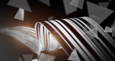 Parlak siyah-beyaz kurdele şeffaf parçalar ortaya çıktıktan sonra dalgalanıyor, katmanlı bir parıltı yaratıyor. Çizgili, arka ışıklandırmalı, üçgenler, parçalar, hareket, derinlik, yansımalar