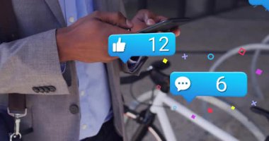 Man tapping phone while checking metrics, social notifications popping around him, counters rising. Urban, professional, commuter, device, bicycle, facade, reflective