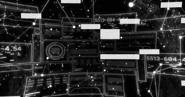 HUD ağ canlandırması kuluçka çubukları kayarken, düğümler bağlanırken, etiketler değişirken, veri akışını gösterirken. Arayüz, ızgara, daireler, bağlantılar, ölçü, çizgili, görüntü