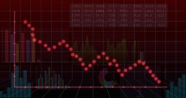 Ekranda aşağı doğru inen kırmızı çizgiler, deniz mavisi çubukları ve 3 boyutlu ızgaralar gösteriliyor. Kontrol paneli, analitik, aşağı eğilim, veri, finans, perspektif, derinlik