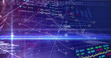 Borsa saatleriyle ticaret panelinde hareket eden düğümlerle beyaz eğimli trend çizgileri gösteriliyor. Fütüristik, görselleştirme, analitik, veri, kıvılcım çizgileri, neon, ışıltı