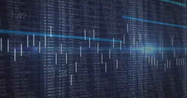 Gösterge paneli alfanumerik metin ile koyu ekranda gösteriliyor, cyan eğilim çizgisi ve beyaz çubuklar gösteriliyor. Şamdanlar, görselleştirme, analiz, veri, arayüz, kılavuz çizgileri, parlaklık