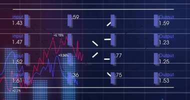 UI 'da analitik gösterge paneli kırmızı ve mavi çizgi grafikleri, noktalı çubuklar, girdi veya çıktı etiketleri gösteriliyor. Neon, gradyan, grafikler, histogram, ızgara, parıltı, arayüz