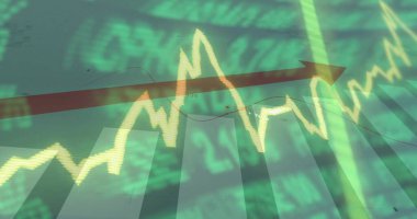 Kırmızı ok ve yeşil kalple dijital ekranda parlayan sarı çizgili çizelge. Dataviz, üst mod, boğa, çoklu katman, neon, parıltı, ızgara çizgileri