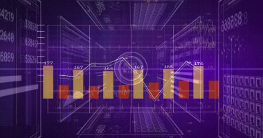 Merkezi grafik oluşturma koridoru mor HUD ile gösteriliyor, dikey çubuklar, beyaz çizgi, büyüteç. Kontrol paneli, veri, analitik, neon, fütüristik, kablo çerçevesi,