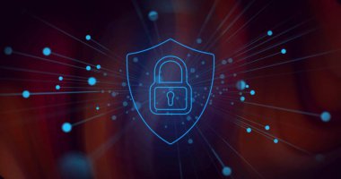 Parlayan neon-mavi asma kilit mavi kürelerle siber arka planda ışınları gönderiyor. Siber güvenlik, şifreleme, koruma, gizlilik, dijital, fütüristik, soyut