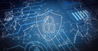 Ağ yer değiştirip, titreşip veri toplarken asma kilit kilitlenirken kalkanda çalışmaya başlayın. Amblem, kilit, marka, reklam, fütürist, neon, dijital