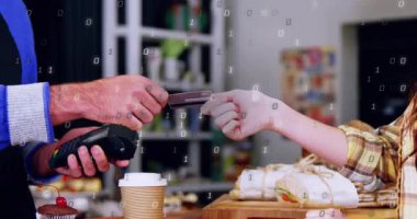 Alıcı katip olarak kart veriyor, kafe siparişini ödüyor, çift haneli rakamlar üst üste biniyor. Terminal, işlem, kafe, sayaç, minimalist, verimlilik, güvenlik