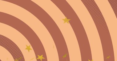 Başlangıçta çerçeve genişliğinde eşmerkezli bantlar, dekor için çapraz hareket eden sarı yıldızlar beliriyor. Soyut, geometri, kavis, şeftali, kahverengi, yarım ton, doku