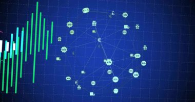 Mavi şebekedeki veri güncelleme panelinde büyüyen çubukları ve titreşen düğümleri gösteren, pazar eğilimlerini gösteren. Görselleştirme, bilgi, analitik, animasyon, dinamik, arayüz, metrik