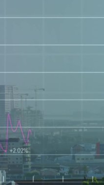 Animation of financial data processing over cityscape. Global business, finances, computing and data processing concept digitally generated video.