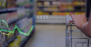 Alışveriş yapan el arabaları koridorda itiyor, üstlerini örtüyor ve canlı alışveriş verilerini göstermek için canlandırıyor. Bakkal, perakende, hud, analitik, grafikler, ölçüler, bitiş kapağı