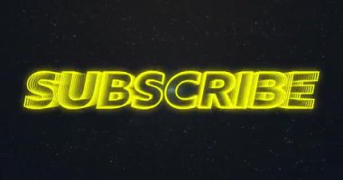 Sarı kurdeleler yıldız alanını süpürüyor, 3D SUBSCRIBE oluşuyor ve istifleniyor, davetkar tıkırtılar. Neon, ışıltı, tipografi, hareket, boşluk, kozmik, merkez