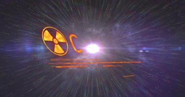 Merkez alevi titreşen trefolil ve UYARI metni oluşturan eğik çatırtı belirleyici uyarı eylemi. Uzay, nebula, yıldız alanı, turuncu, kabartma, tehlike, arıza