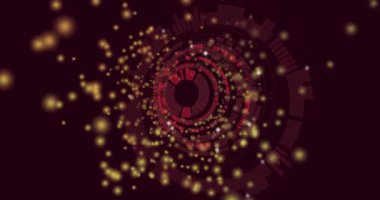 Soldan patlayan parçacıklar kırmızı HUD çemberinden geçiyor, tünel oluşturuyor, inceliyor, derinlik yaratıyor. Eşmerkezli, daireler, parıltı, kıvılcımlar, hareket, soyut, dijital