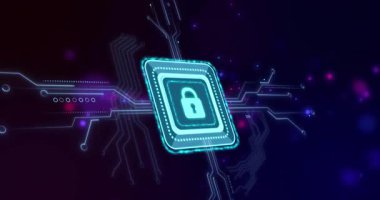 Cyan modülü ortaya çıkıyor, dönüyor ve nabız atıyor, devreler dışarıya doğru hareket ediyor, kilitli simgeyi gösteriyor. Neon, siber, ışıltı, fütürist, güvenlik, şifreleme, mahremiyet