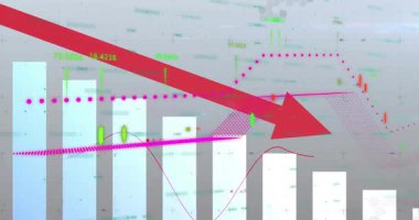 Magenta noktalı çizgi beliriyor, çubukların üzerine eğilmiş kırmızı ok, çizelge kayması, düzelme gösteren tepeler. Finans, pazar, görselleştirme, animasyon, dalgalanma, göstergeler, gösterge paneli