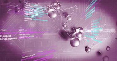 Kod parçaları beliriyor, metalik küreler ağlar oluştururken kamera çalışıyor, verileri görselleştiriyor. Gradyan, neon, dijital, soyut, görselleştirme, bağlantılar, küreler