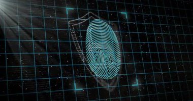 Tarama başlatılıyor, Cyan parmak izi dolgu, parlama, noktalı kalkan oluşturma, erişim sağlama. Biyometrik, kimlik doğrulama, kimlik doğrulama, siber güvenlik, şifreleme, holografik