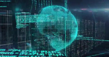 Veri atımında, hologram küresi dönüyor, halkalar oluşuyor, kod akışları, kameralar ağları zumluyor. Holografik, turkuaz, neon, fütüristik, sunucu odası, ızgara, hud