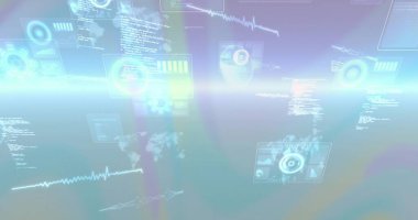 Pastel sanal HUD 'de yüzen holografik paneller gösteriliyor, radar, dalgalar, kod okumaları gösteriliyor. Fütürist, gösterge paneli, arayüz, soyut, gradyan, şeffaf, veri