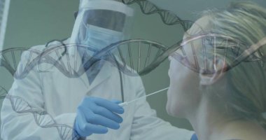 Beyaz önlüklü klinisyenleri topluyor klinikteki hastaya steril bez yerleştiriyor, DNA örtüsü yapıyor. Tıbbi, ppe, eldivenler, maske, kalkan, stetoskop, genom