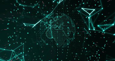 Sanal 3 boyutlu uzayda merkez sol yörüngede dönen şekillendirilmiş noktalı dünya, ağ ve düğümlerle dönüyor. Gezegen, noktalar, kablo, ızgara, parıltı, neon, soyut