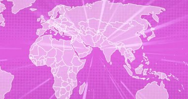 Işınlar birleşerek haritayı ortaya çıkarıyor, stilize harita soluyor, sınırlar oluşuyor, tıp bandı Afrika 'yı vurguluyor. Magenta, yarım ton, vektör, dış hat, düz, grafik, hareket