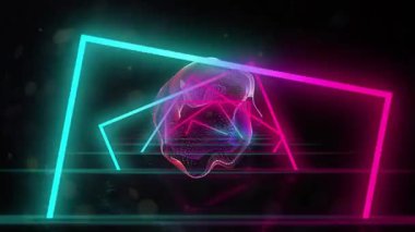 Şeffaf kablo damlası neon atımına tepki veriyor, şekil değiştiriyor ve vitrin neon stüdyosuna dönüyor. Örgü, cyan, morumsu, parlak, yansıtıcı, geometrik, gradyan