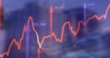 Kırmızı turuncu çizgide yükselen ve tepeleri işaretleyen verilerde, bulanık şehir üzerinde piyasa salınımları görülüyor. Çizelge, gösterge paneli, finans, analitik, dalgalanma, sıçrama, kentsel