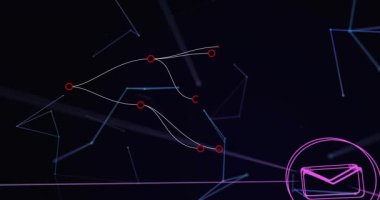 Kırmızı düğüm sol üstte dallanma iplikçikleri olarak görünüyor, ağ gösteren simgeleri birleştiriyor. Neon, bağlantı, soyut, fütüristik, takımyıldız, semboller, parallax