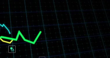 Neon yeşil çizgi sol altta görünüyor, büyüyor, sağa hareket ediyor, simgeler hizalanıyor, enerji finansmanını gösteriyor. Izgara, gösterge paneli, veri, görselleştirme, hareket, cyan, güç